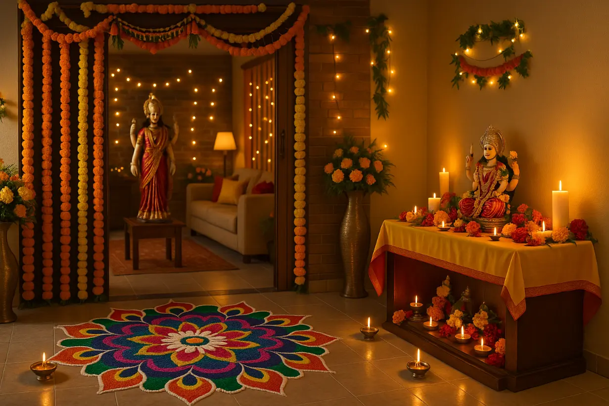 Festively decorated Indian home mandir with colorful rangoli, marigold garlands, fairy lights, and goddess idols surrounded by candles and flowers.