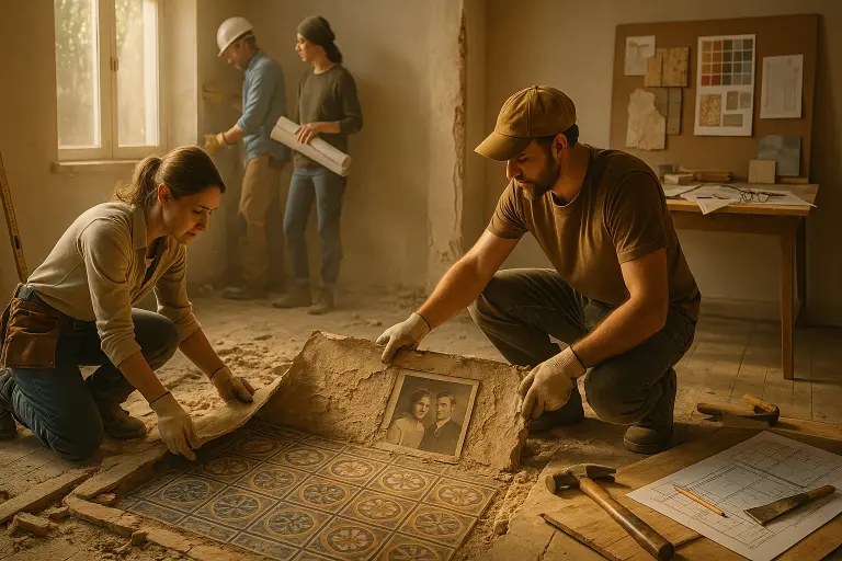 Two renovation workers lifting old flooring to reveal vintage tiles and a hidden black-and-white family photo.