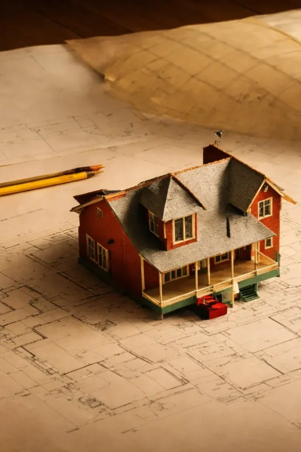 Miniature model house placed on vintage architectural blueprints with pencils and coins symbolizing home design and budgeting.
