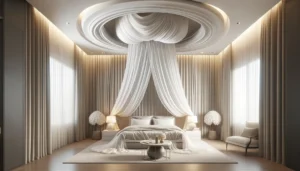 master bedroom with a flowing fabric feature false ceiling design