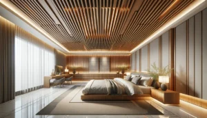 master bedroom with a wooden slat elegance false ceiling design1